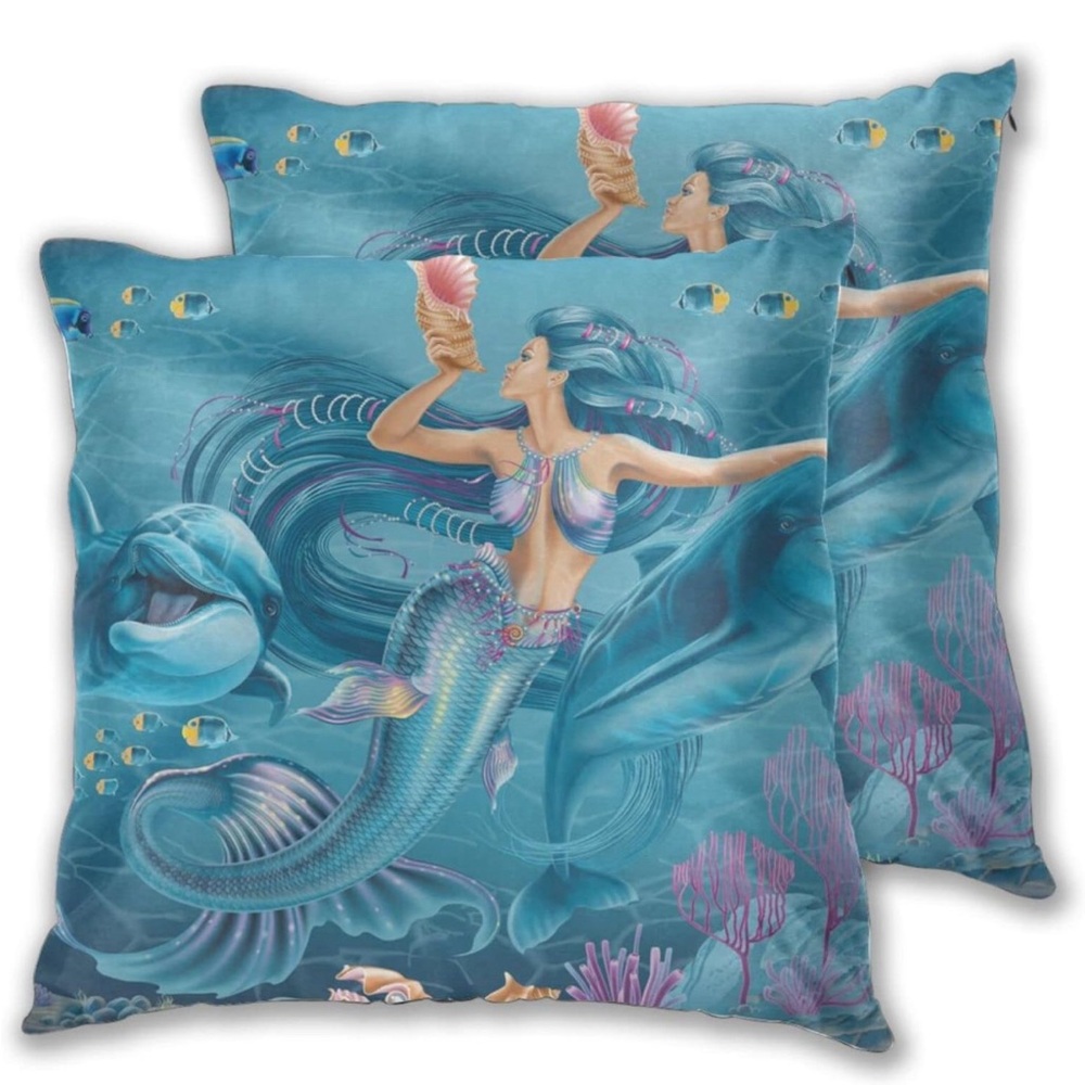 Set Of 2 Mermaid Dolphin, Decorative Pillows Velvet Design On Both Sides 18”x18”